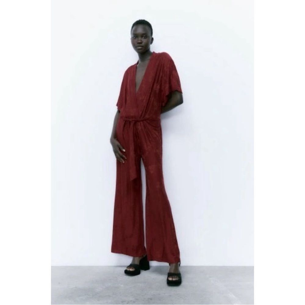NWT Zara Short Sleeve V-Neck Tied Waist Jumpsuit in Burgundy